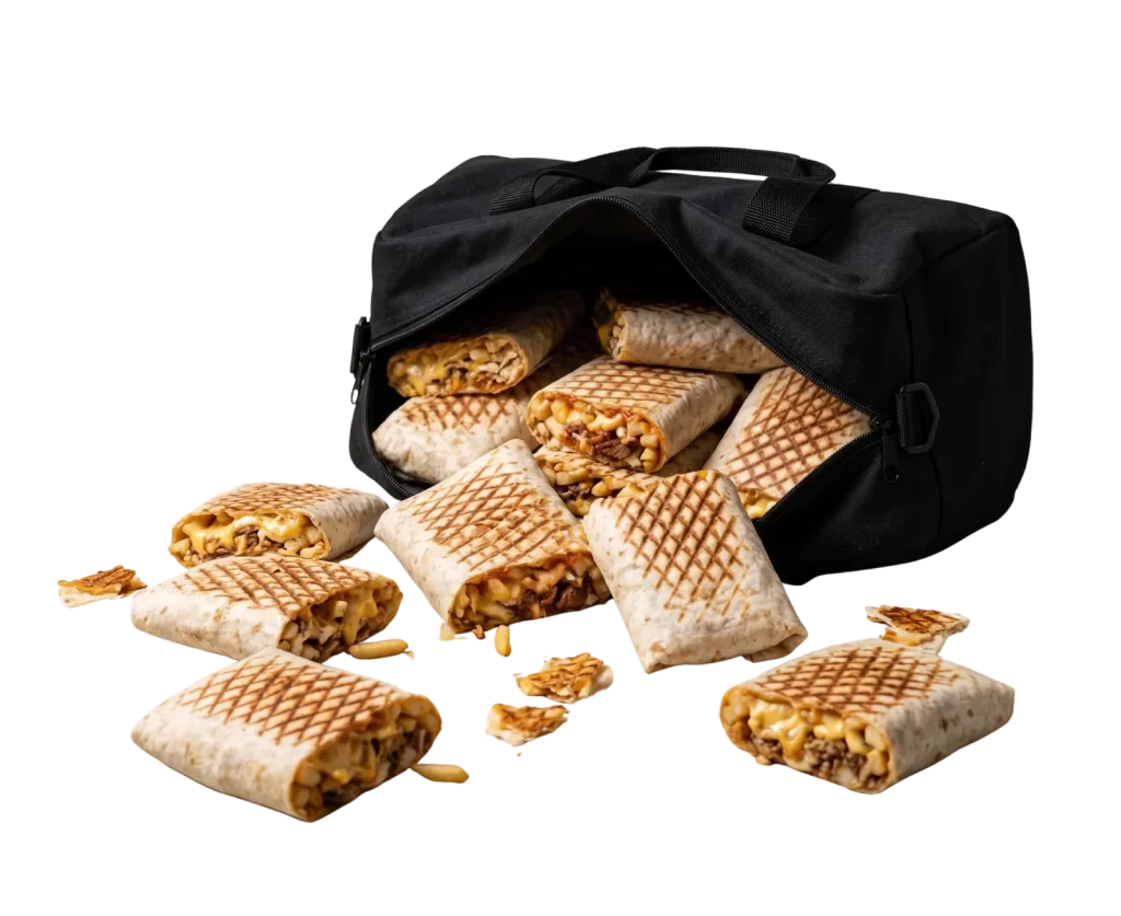 Una fotografía de ángulo picado que muestra una bolsa de lona de tela negra abierta y volcada, de la que sobresale y se derrama una abundancia caótica de tacos franceses. Los wraps prensados tostados, con sus características marcas cruzadas de parrilla, están esparcidos por la base de la bolsa. Varios tacos están cortados por la mitad, revelando claramente rellenos de patatas fritas, carne molida y salsa de queso derretido. Unas cuantas patatas fritas sueltas están dispersas cerca del derrame. Los elementos están aislados contra un fondo transparente