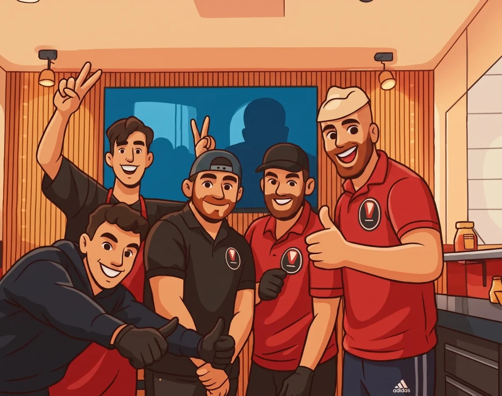 Caricatura ilustrada de los cinco trabajadores del local sonriendo y saludando.