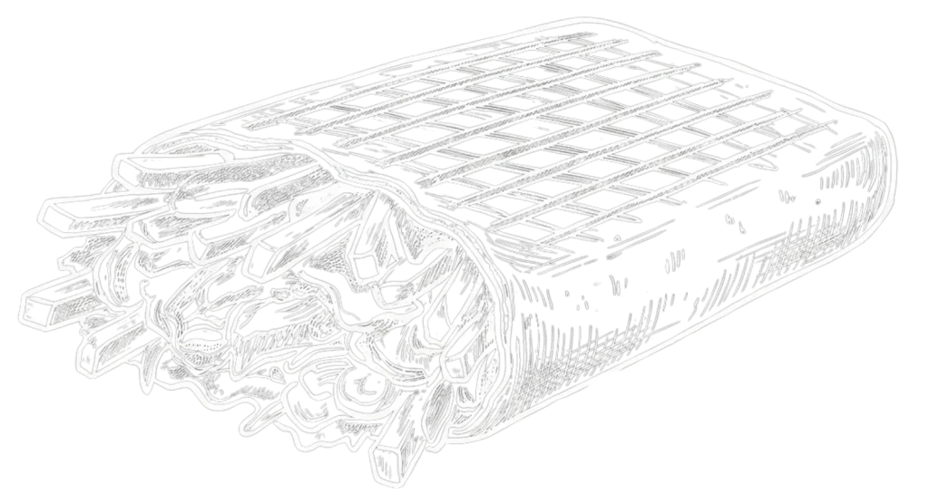 Ilustración en blanco y negro de un taco francés sellado a la parrilla y cortado por un extremo, mostrando un relleno abundante de patatas fritas y carne.