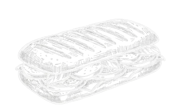 Ilustración estilo tiza sobre fondo negro de un bocadillo panini tostado con marcas de parrilla, relleno de tomate, queso y hojas de lechuga.