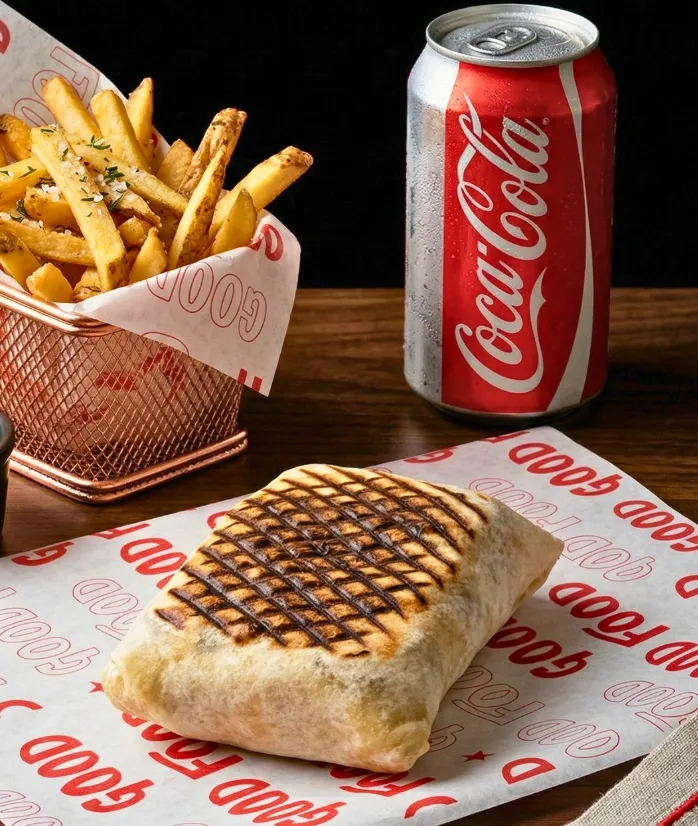 Primer plano de un menú que incluye un taco francés tostado con marcas de parrilla sobre papel impreso, acompañado de una cesta metálica con patatas fritas rústicas y una lata de Coca-Cola fría.