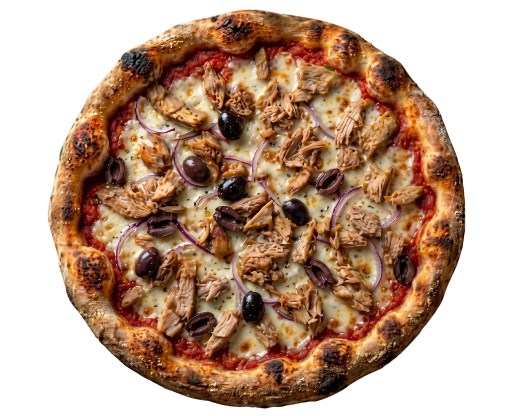 Una fotografía de alta calidad de una pizza recién horneada y entera con una corteza tostada y burbujeante.