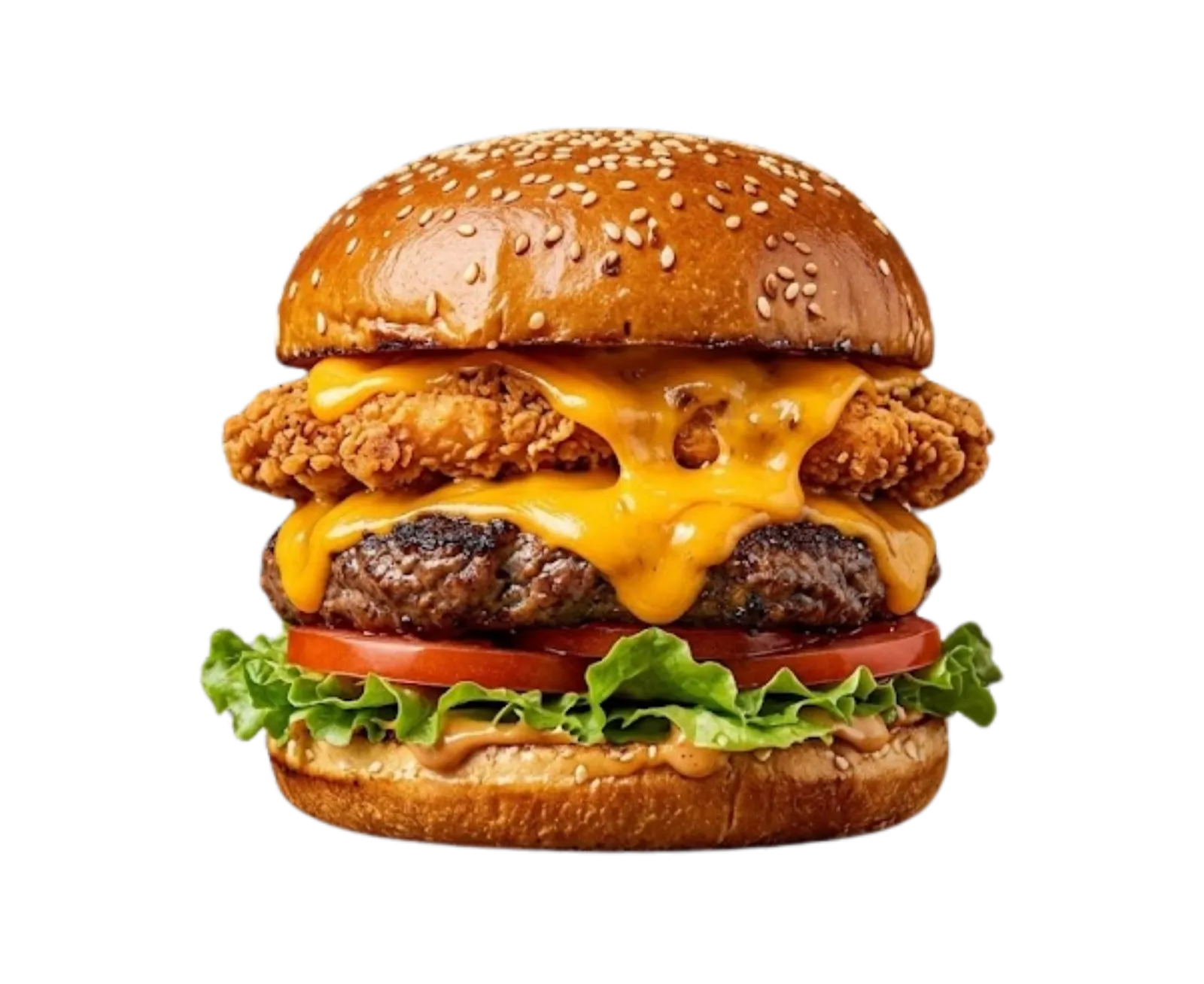 Hamburguesa con pollo empanado, ternera , queso, y ensalada.