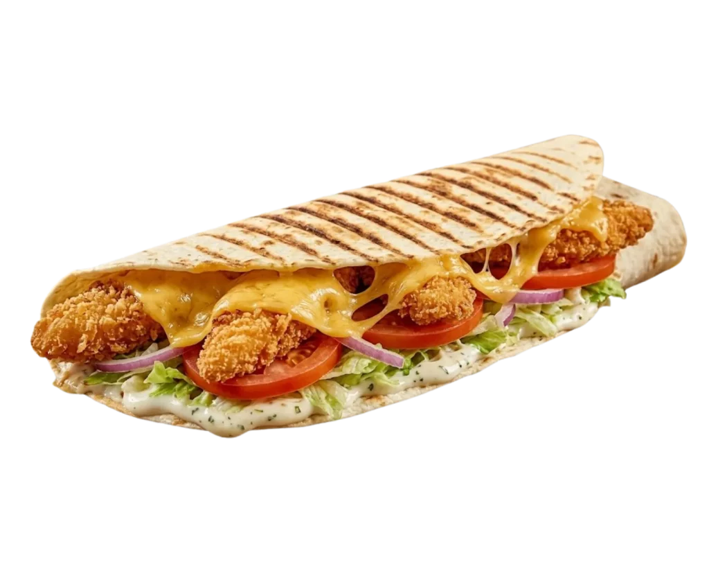 Wrap de tiras de pollo, tomate, ensalada y salsa.