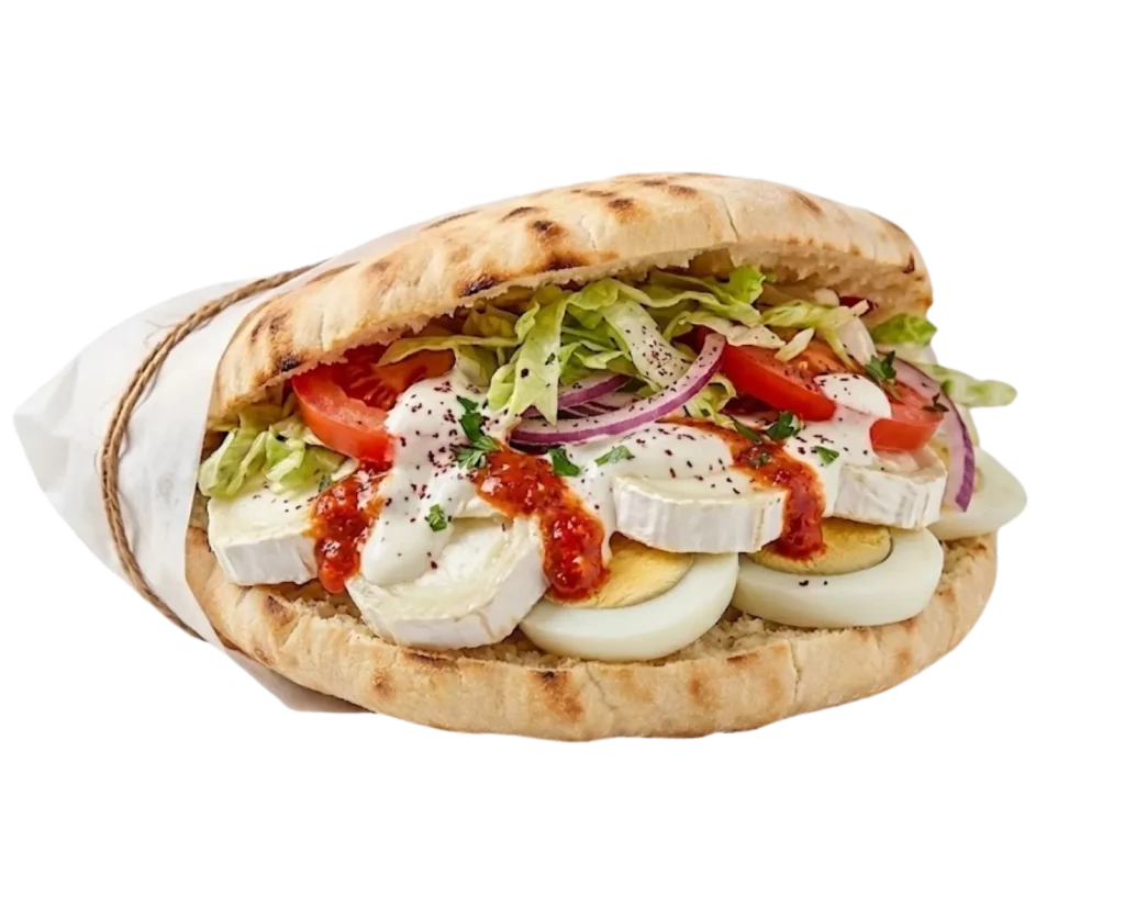 Sandwich con ensalada, queso de cabra y huevo duro.